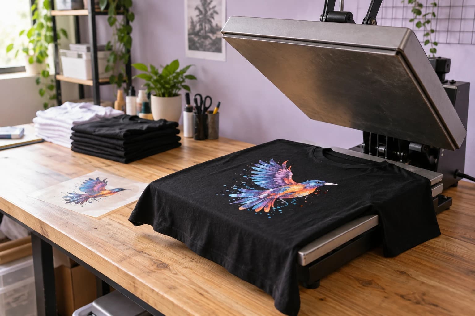 Illustrative print workshop with a heat press and colorful DTF shirt